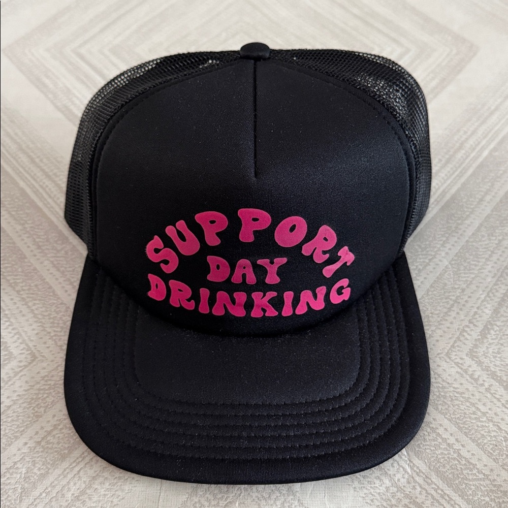 Black Foam Trucker Hat “Support Day Drinking” Pink Graphic Snapback Mesh